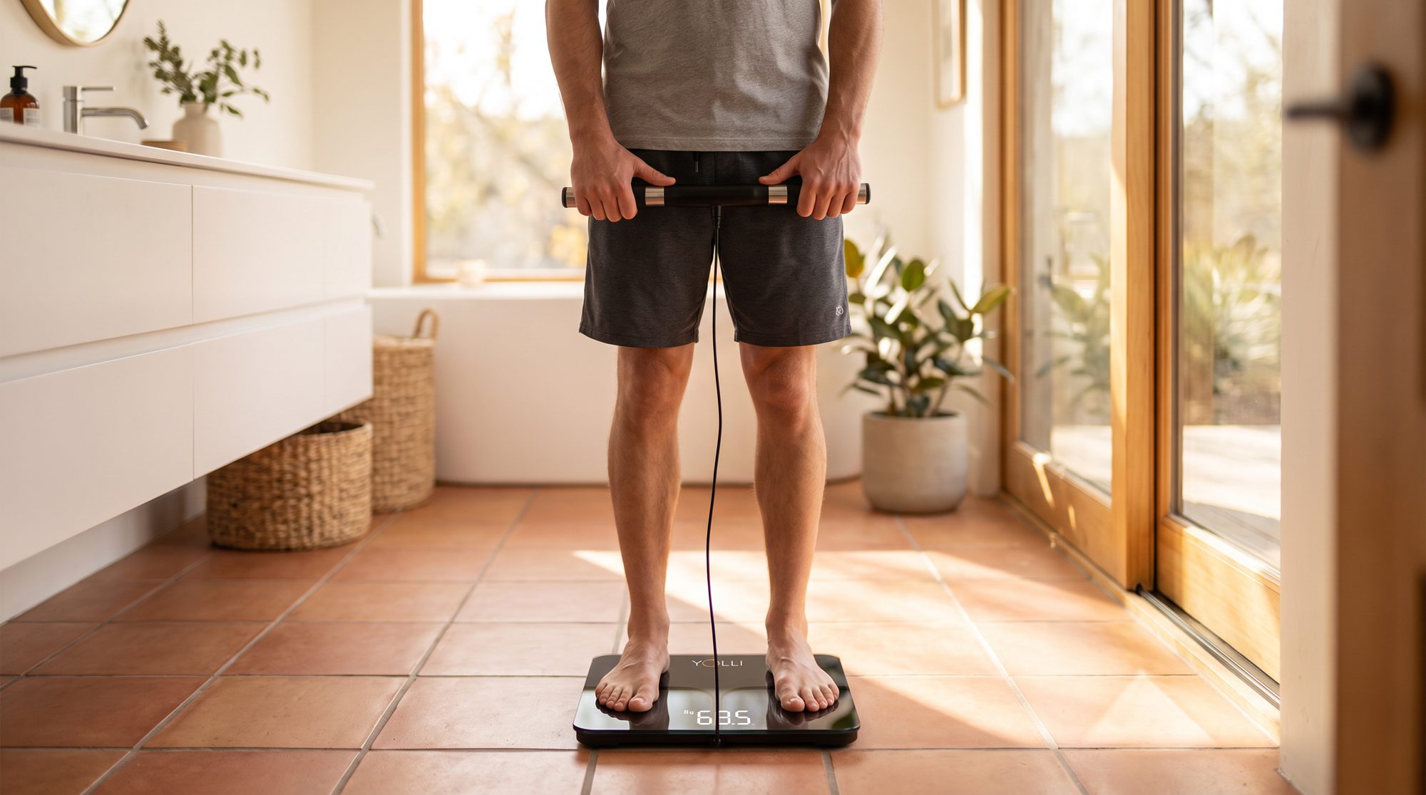 Persona midiéndose en la báscula YOLLI Body